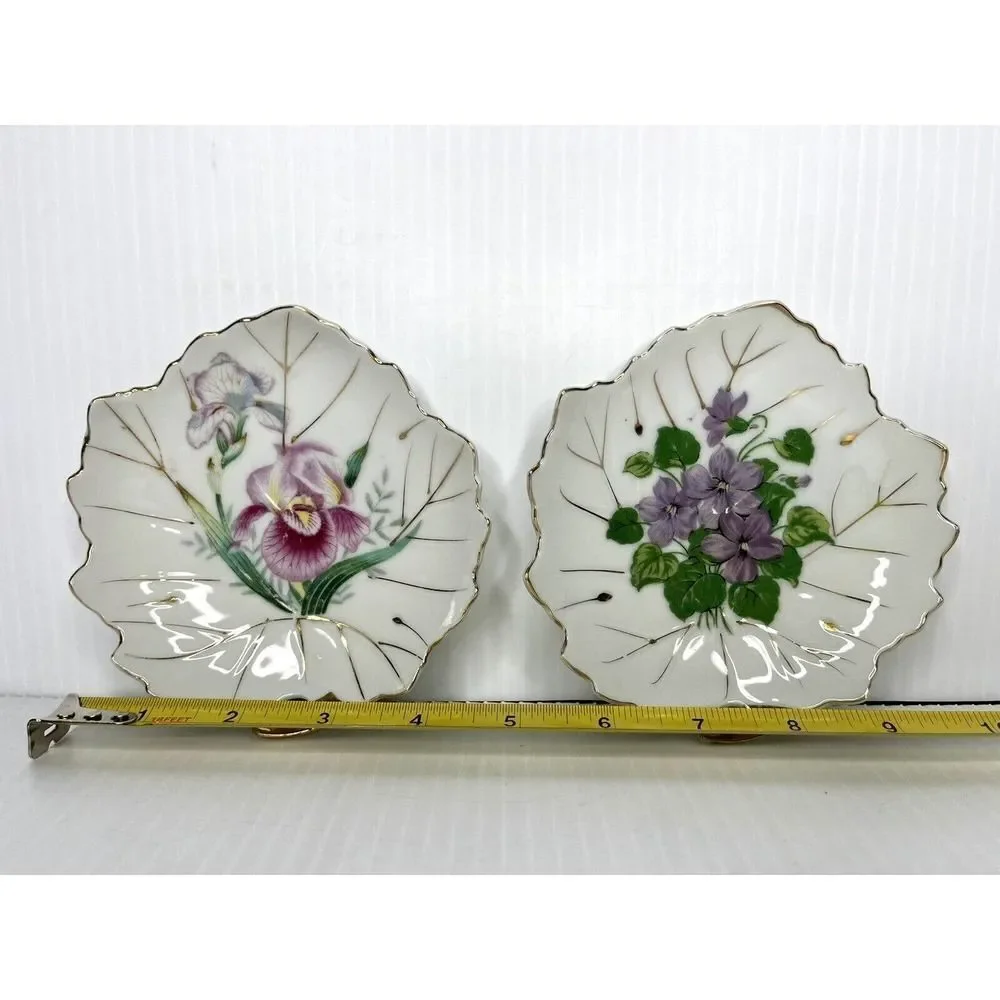 2 Vintage Nasco Japan violet Floral Trinket Dish Leaf Shape 5